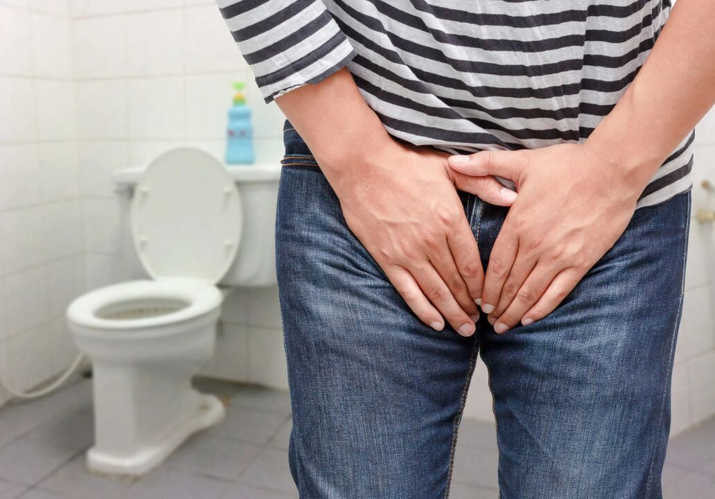 Cystitis in a man, accompanied by frequent urge to urinate and pain. 